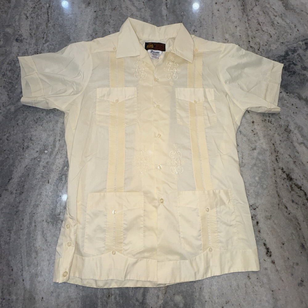 VTG 70s Yucateca Men's Ivory Cream Guayabera Embroidered Princeton Shirt Large